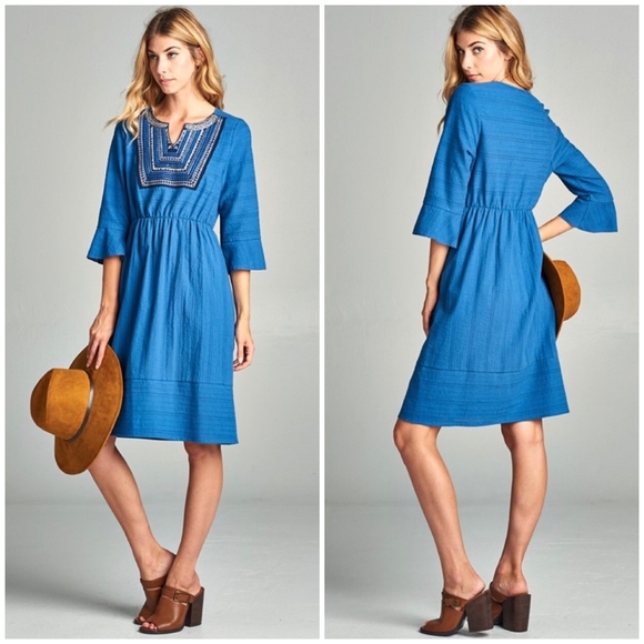 Feminine Boho Chic Blue 3/4 Sleeves Dress - Picture 2 of 4